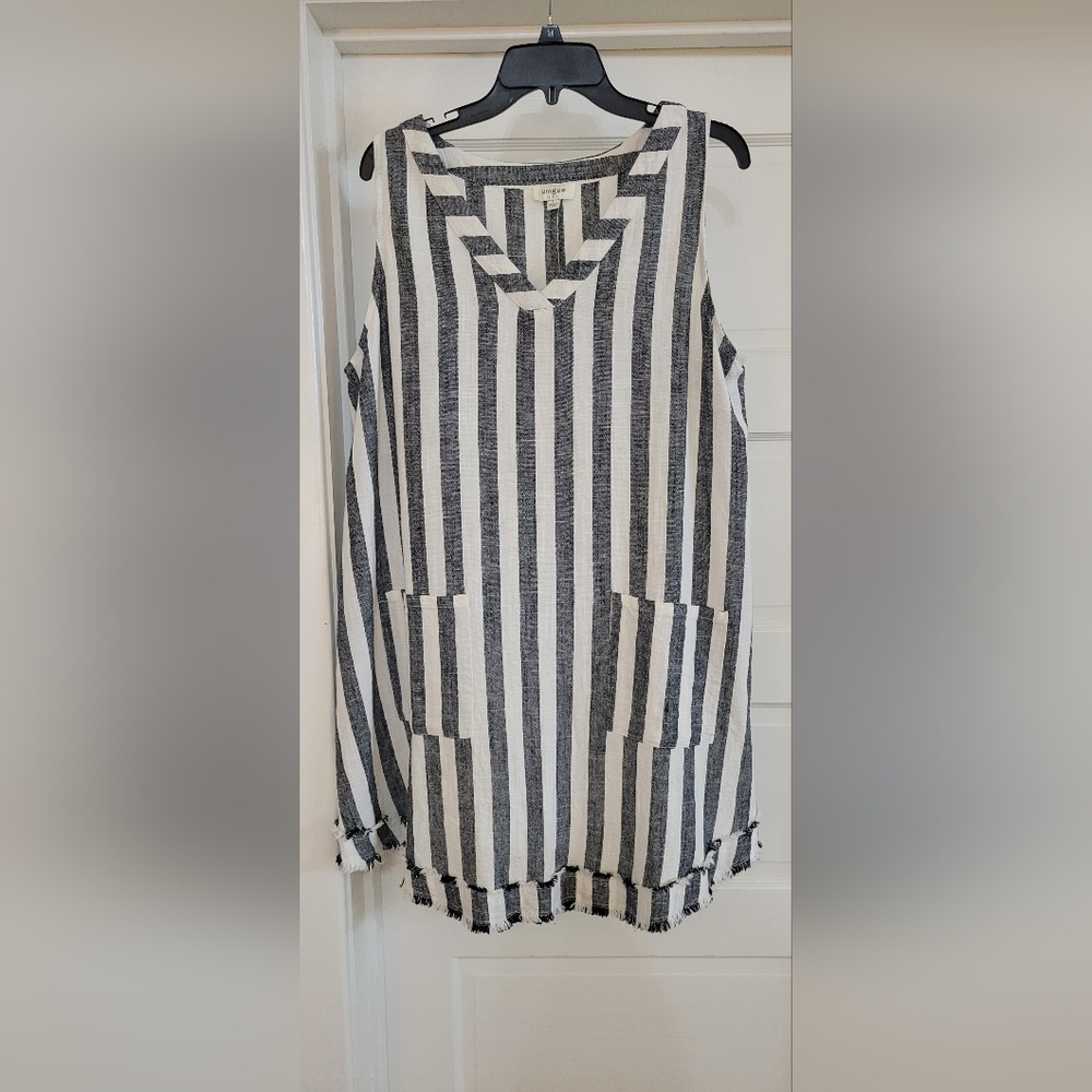 Umgee Black White Striped Sleeveless Dress/Tunic With Pockets V-Neck Size L NWOT